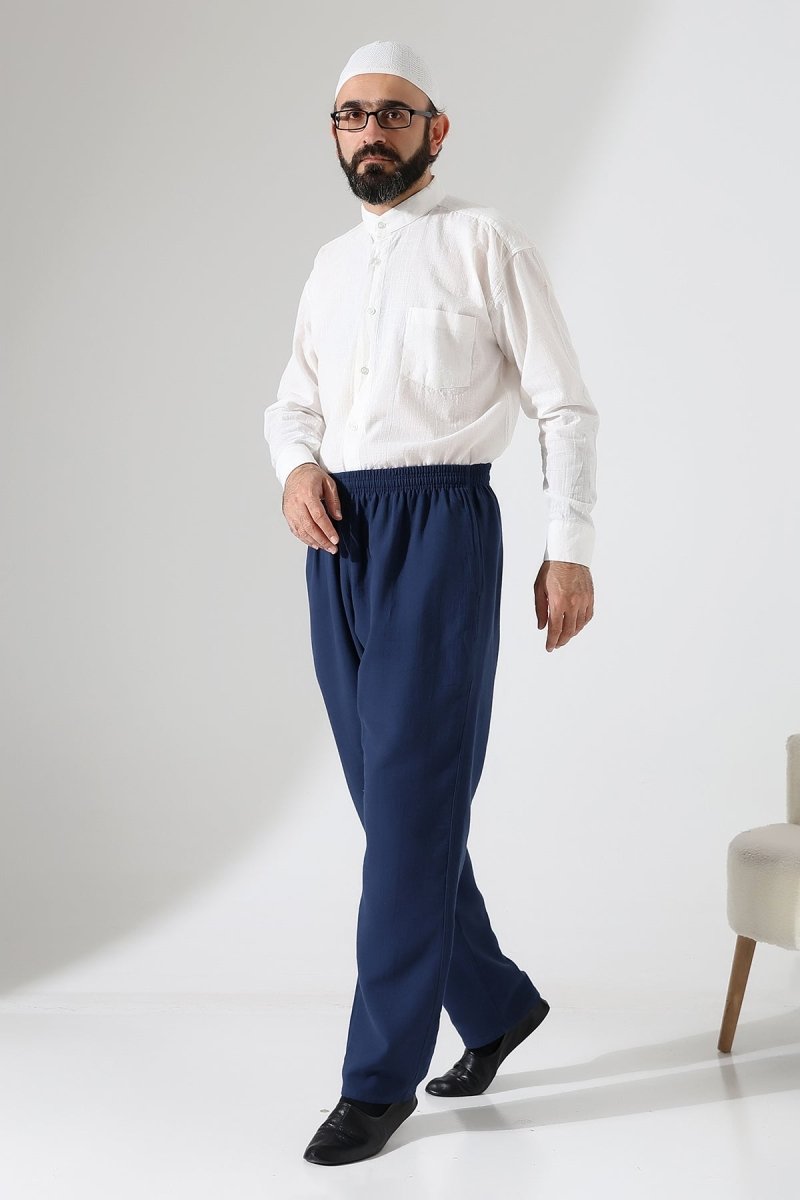 Men's Muslin Trousers, Cotton, Elastic Waistband, Hajj/Umrah Trousers - Navy Blue (ANS) - ihvan