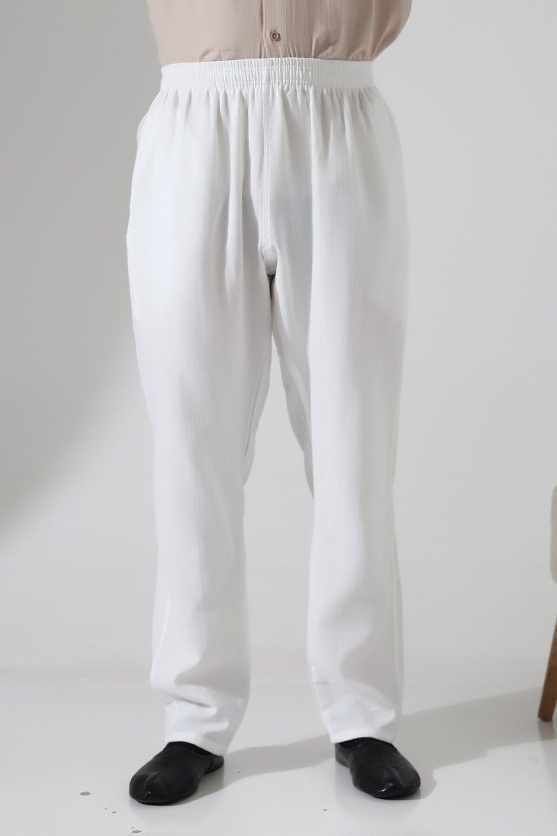 Men's Muslin Trousers, Cotton, Elastic Waistband, Hajj/Umrah Trousers - White (ANS) - ihvan