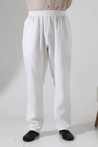 Men's Muslin Trousers, Cotton, Elastic Waistband, Hajj/Umrah Trousers - White (ANS) - ihvan