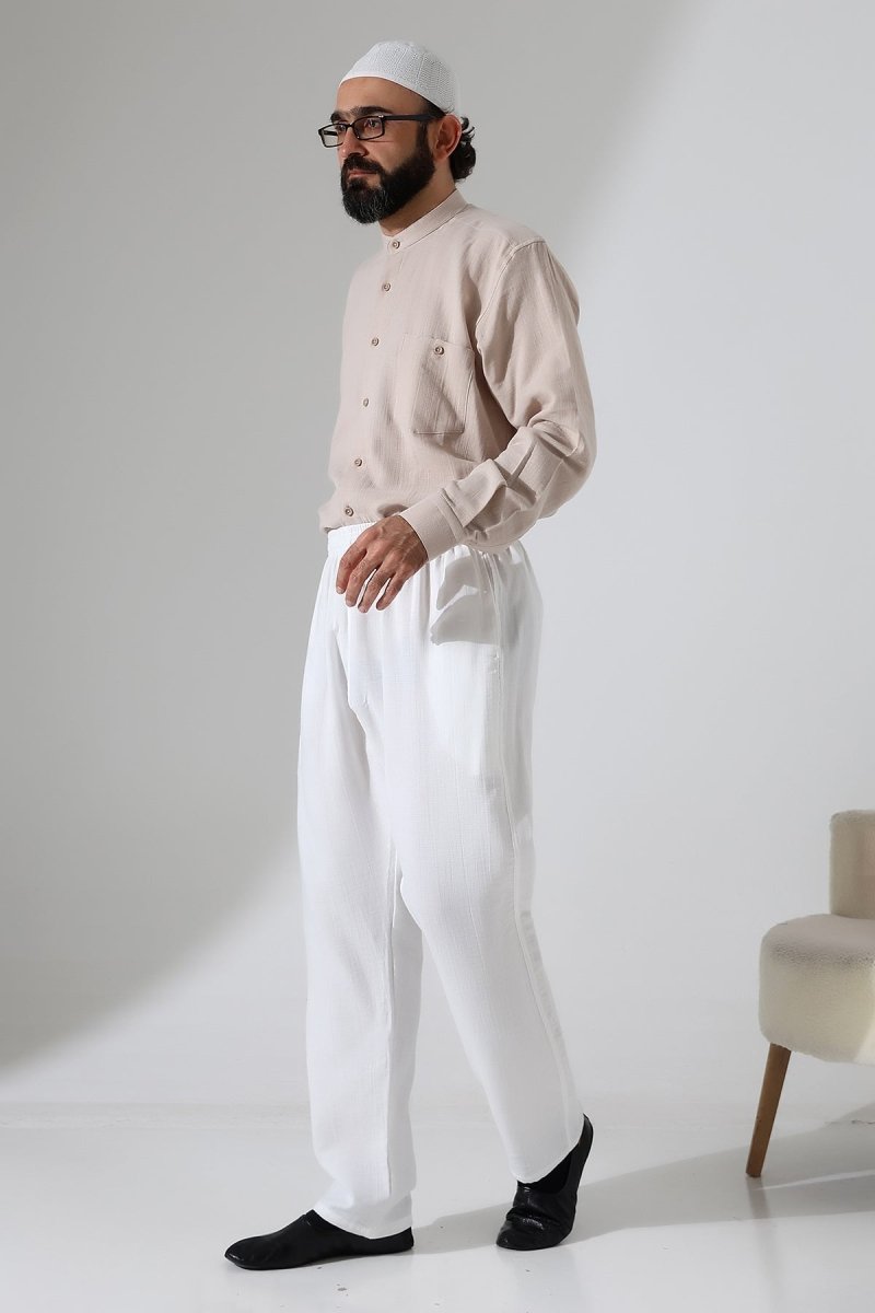 Men's Muslin Trousers, Cotton, Elastic Waistband, Hajj/Umrah Trousers - White (ANS) - ihvan