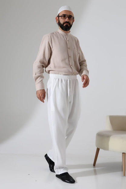 Men's Muslin Trousers, Cotton, Elastic Waistband, Hajj/Umrah Trousers - White (ANS) - ihvan