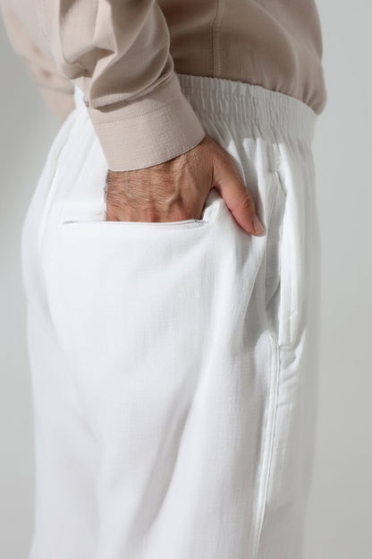 Men's Muslin Trousers, Cotton, Elastic Waistband, Hajj/Umrah Trousers - White (ANS) - ihvan