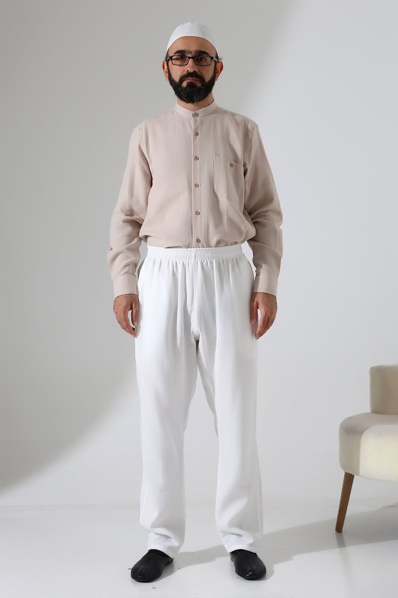 Men's Muslin Trousers, Cotton, Elastic Waistband, Hajj/Umrah Trousers - White (ANS) - ihvan