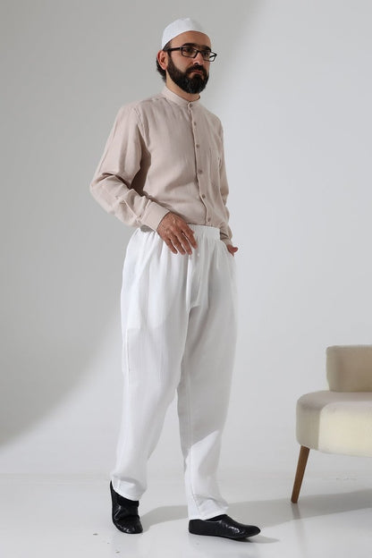 Men's Muslin Trousers, Cotton, Elastic Waistband, Hajj/Umrah Trousers - White (ANS) - ihvan