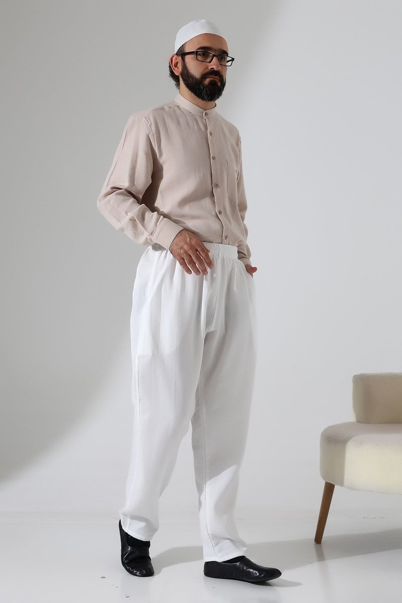 Men's Muslin Trousers, Cotton, Elastic Waistband, Hajj/Umrah Trousers - White (ANS) - ihvan
