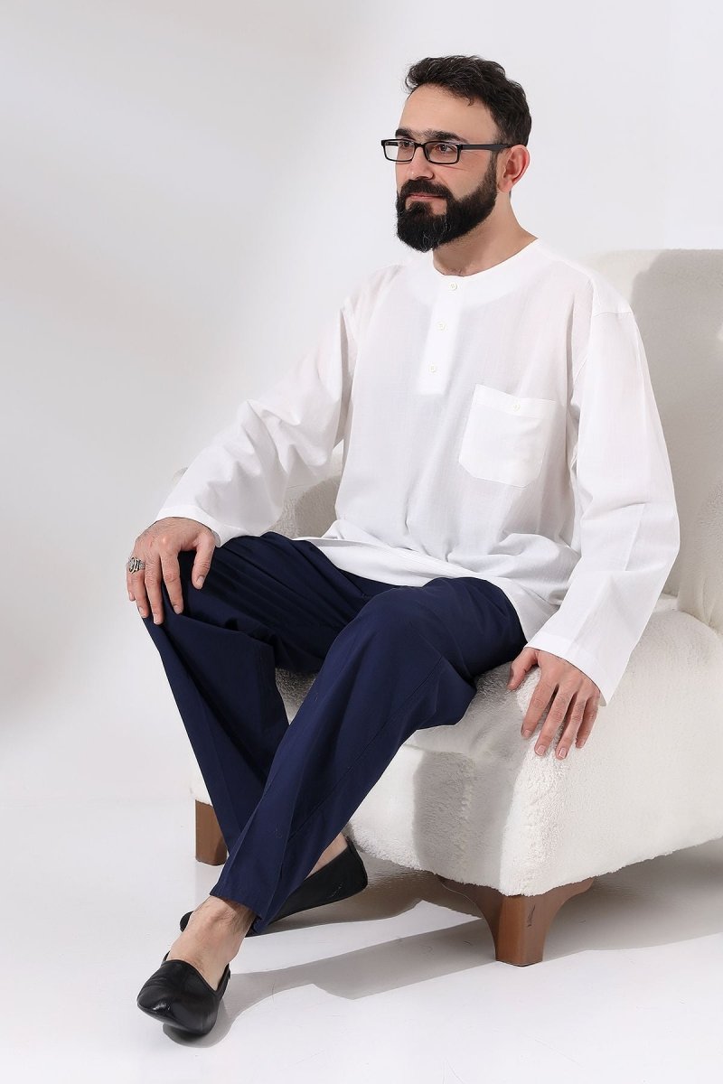 Men's Navy Blue Çınar Relaxed Fit Linen Harem Pants with Elastic Waistband, Suitable for Hajj and Umrah - ihvan