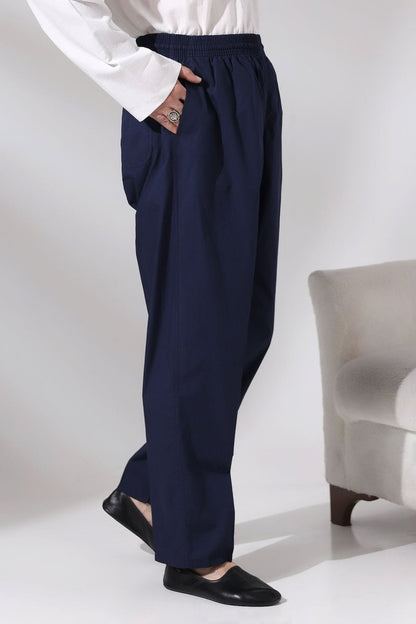 Men's Navy Blue Çınar Relaxed Fit Linen Harem Pants with Elastic Waistband, Suitable for Hajj and Umrah - ihvan