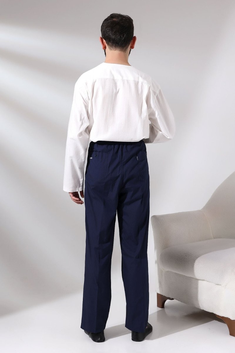 Men's Navy Blue Çınar Relaxed Fit Linen Harem Pants with Elastic Waistband, Suitable for Hajj and Umrah - ihvan