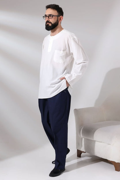 Men's Navy Blue Çınar Relaxed Fit Linen Harem Pants with Elastic Waistband, Suitable for Hajj and Umrah - ihvan