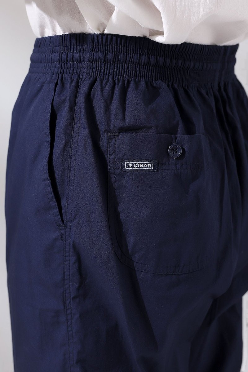 Men's Navy Blue Çınar Relaxed Fit Linen Harem Pants with Elastic Waistband, Suitable for Hajj and Umrah - ihvan