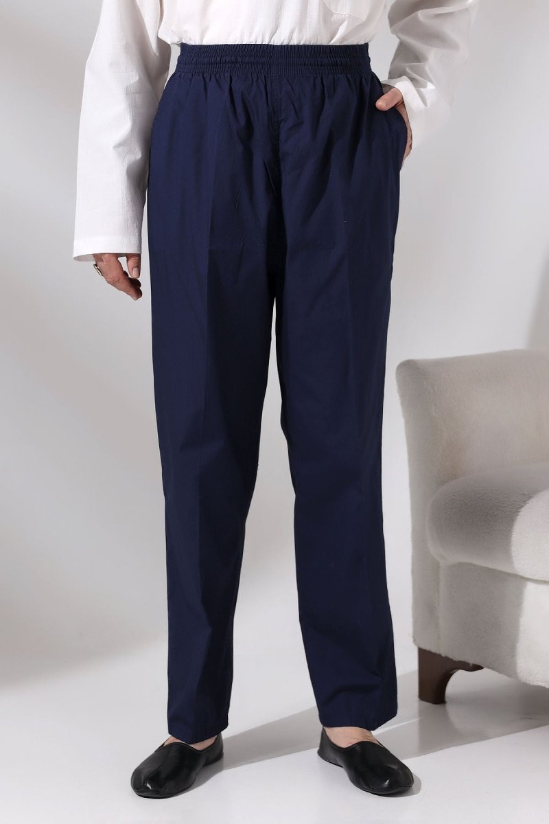 Men's Navy Blue Çınar Relaxed Fit Linen Harem Pants with Elastic Waistband, Suitable for Hajj and Umrah - ihvan