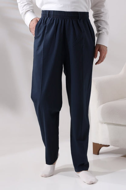 Men's Navy Blue Relaxed Fit Linen Hajj and Umrah Harem Pants with Elastic Waistband - ihvan