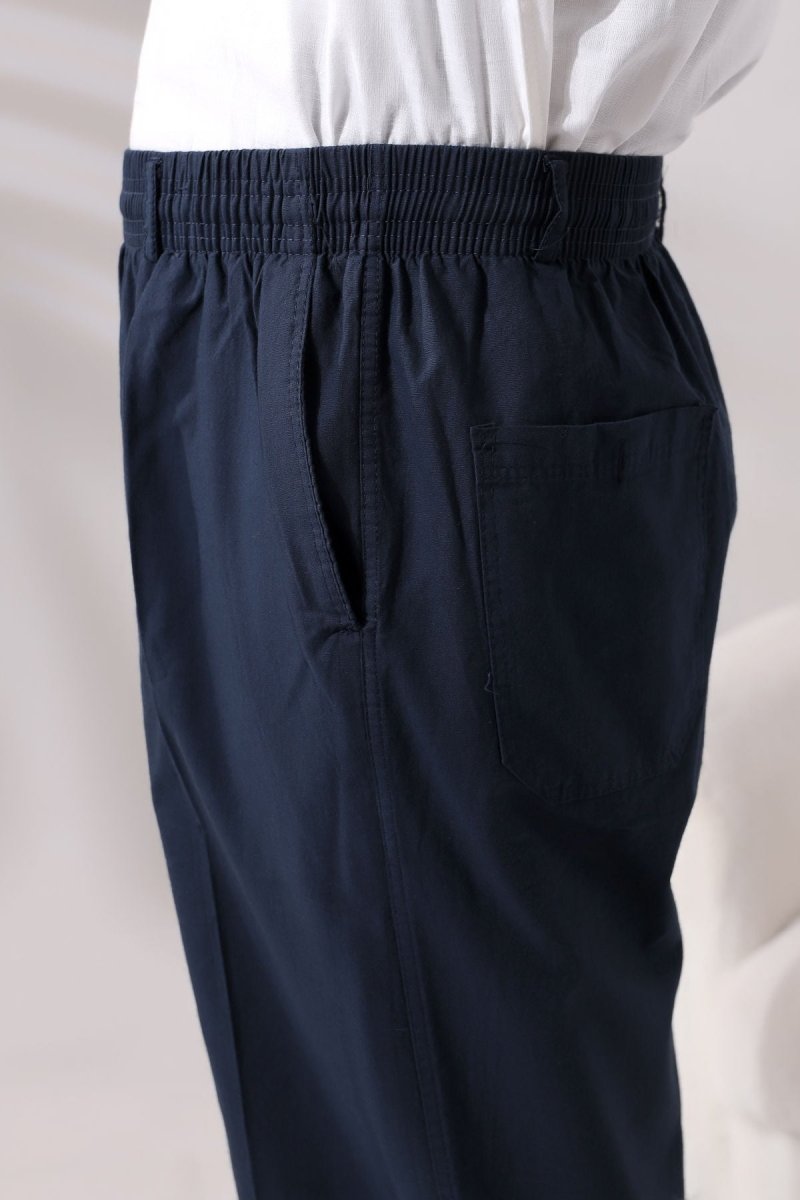 Men's Navy Blue Relaxed Fit Linen Hajj and Umrah Harem Pants with Elastic Waistband - ihvan