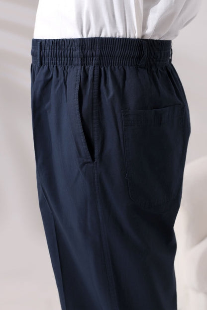 Men's Navy Blue Relaxed Fit Linen Hajj and Umrah Harem Pants with Elastic Waistband - ihvan