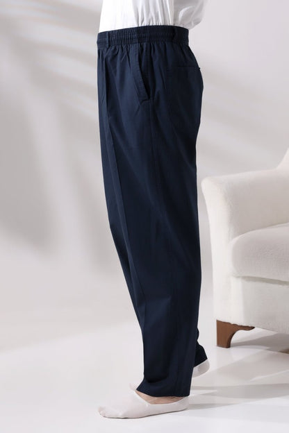Men's Navy Blue Relaxed Fit Linen Hajj and Umrah Harem Pants with Elastic Waistband - ihvan