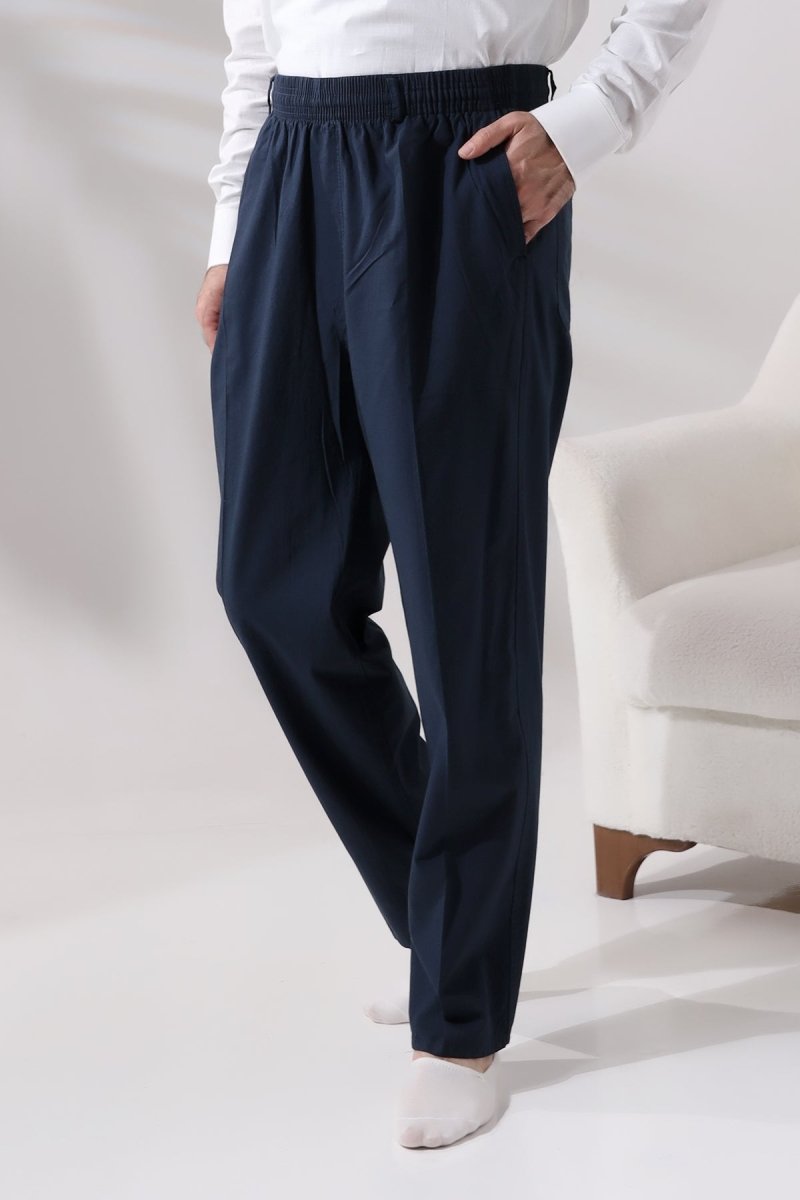 Men's Navy Blue Relaxed Fit Linen Hajj and Umrah Harem Pants with Elastic Waistband - ihvan