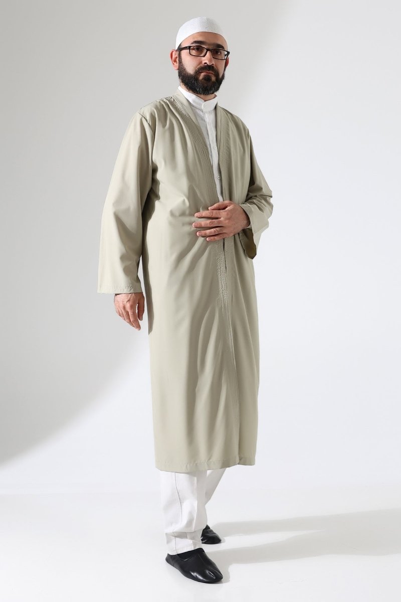 Men's Prayer Robe, Bukhara Collar, Pocketed Prayer Robe, Beige - (Brt) - ihvan
