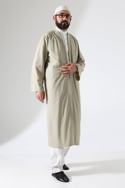 Men's Prayer Robe, Bukhara Collar, Pocketed Prayer Robe, Beige - (Brt) - ihvan