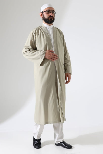 Men's Prayer Robe, Bukhara Collar, Pocketed Prayer Robe, Beige - (Brt) - ihvan