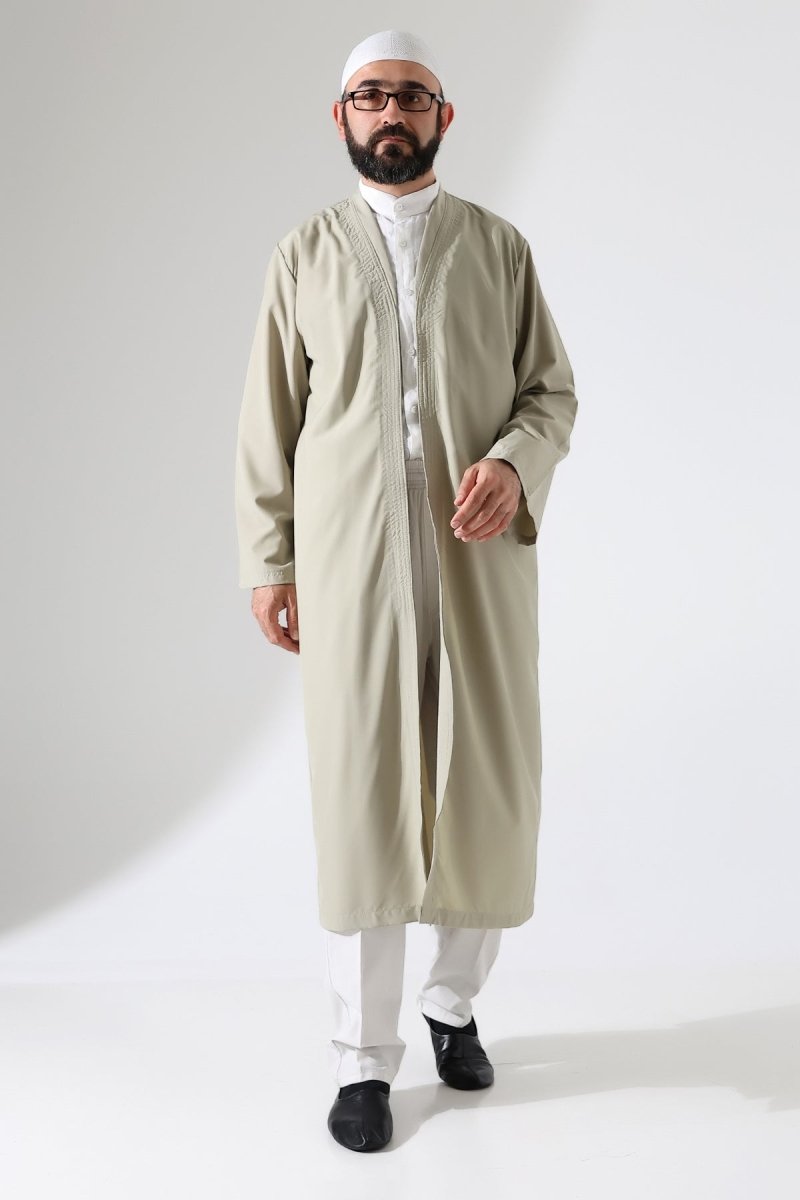 Men's Prayer Robe, Bukhara Collar, Pocketed Prayer Robe, Beige - (Brt) - ihvan