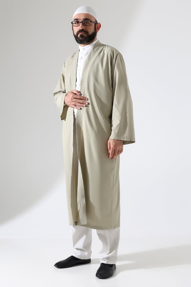 Men's Prayer Robe, Bukhara Collar, Pocketed Prayer Robe, Beige - (Brt) - ihvan