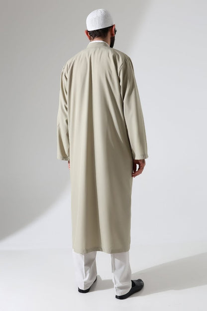 Men's Prayer Robe, Bukhara Collar, Pocketed Prayer Robe, Beige - (Brt) - ihvan
