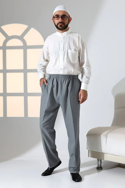 Men's Relaxed Fit Elastic Waist Pocketed Hajj and Umrah Fabric Harem Pants - Grey (ISR) - ihvan