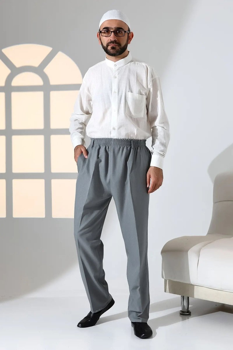Men's Relaxed Fit Elastic Waist Pocketed Hajj and Umrah Fabric Harem Pants - Grey (ISR) - ihvan