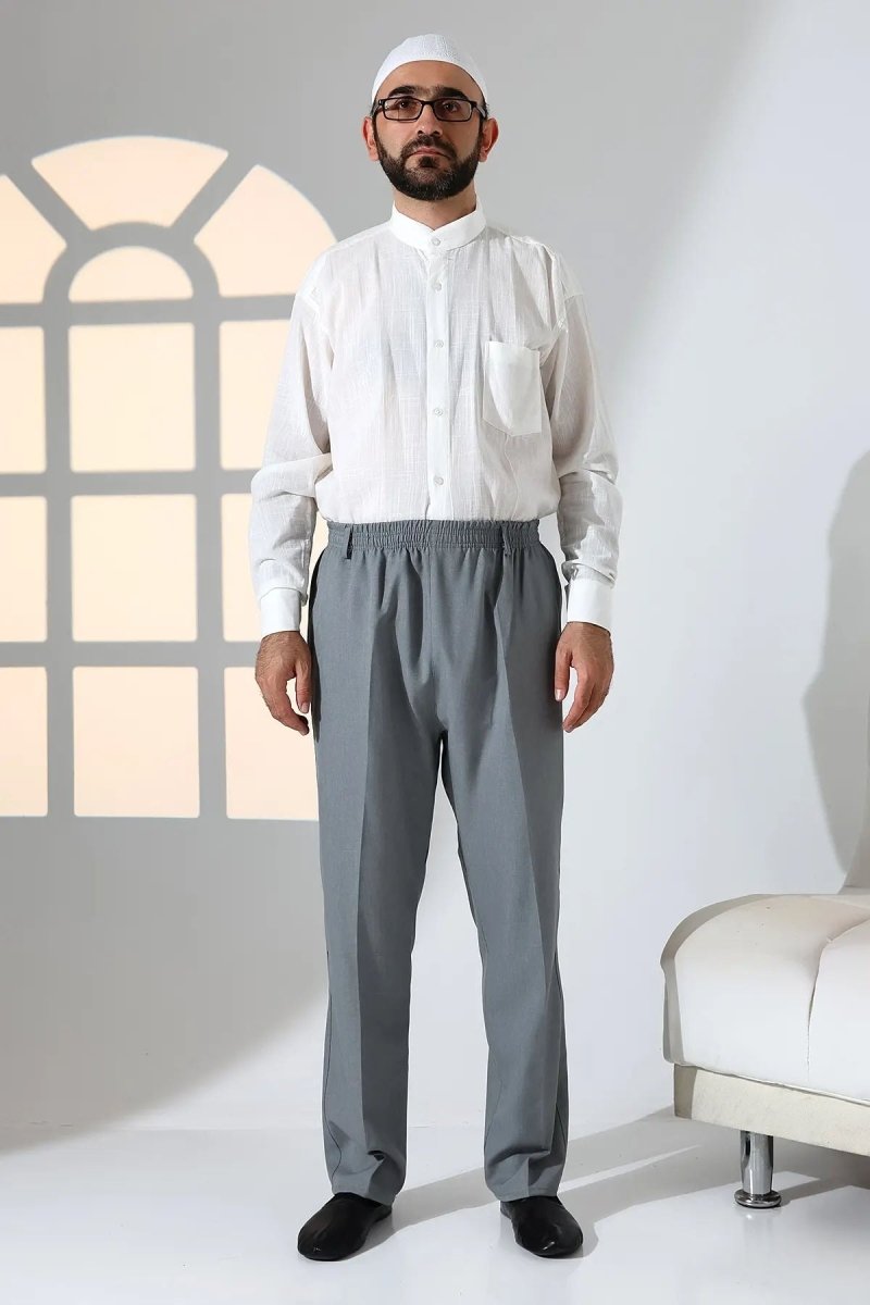 Men's Relaxed Fit Elastic Waist Pocketed Hajj and Umrah Fabric Harem Pants - Grey (ISR) - ihvan