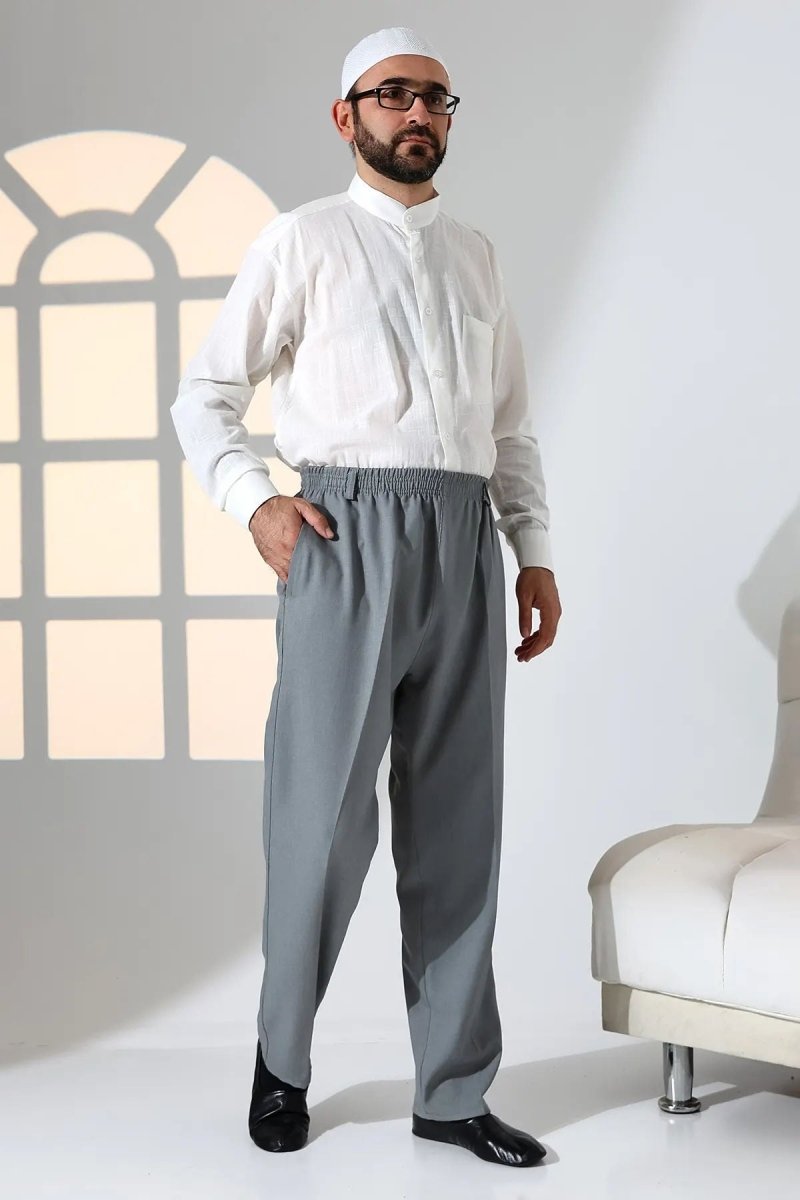 Men's Relaxed Fit Elastic Waist Pocketed Hajj and Umrah Fabric Harem Pants - Grey (ISR) - ihvan