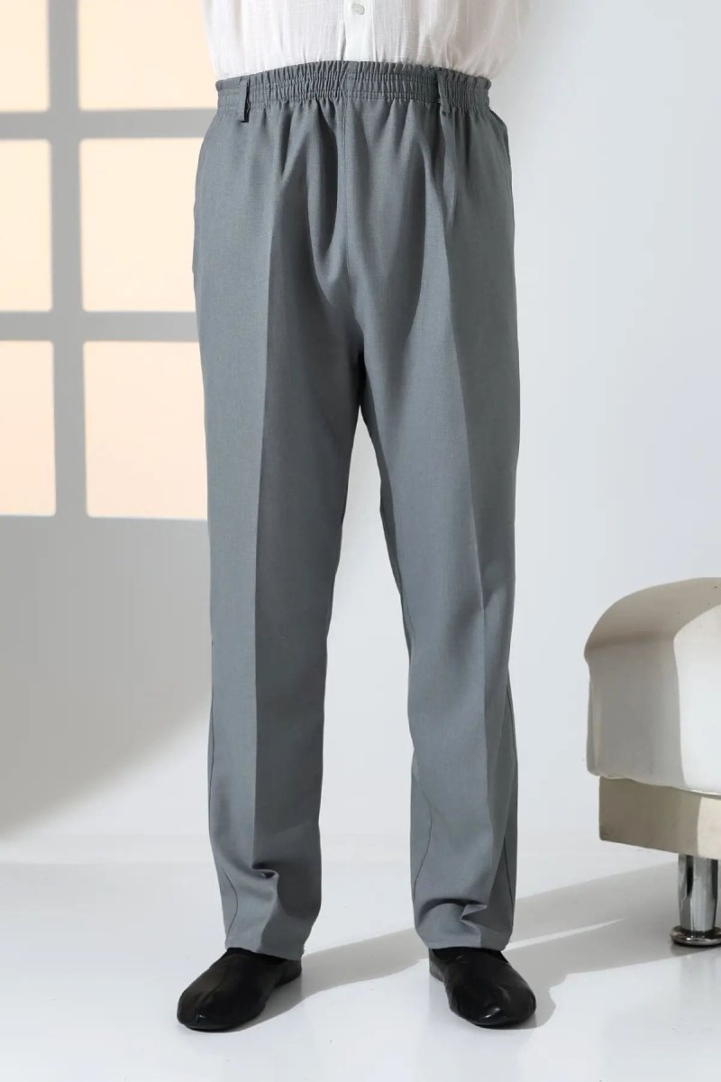 Men's Relaxed Fit Elastic Waist Pocketed Hajj and Umrah Fabric Harem Pants - Grey (ISR) - ihvan
