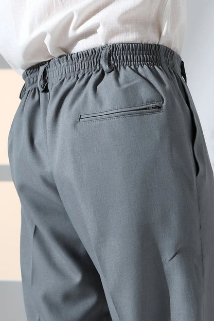 Men's Relaxed Fit Elastic Waist Pocketed Hajj and Umrah Fabric Harem Pants - Grey (ISR) - ihvan
