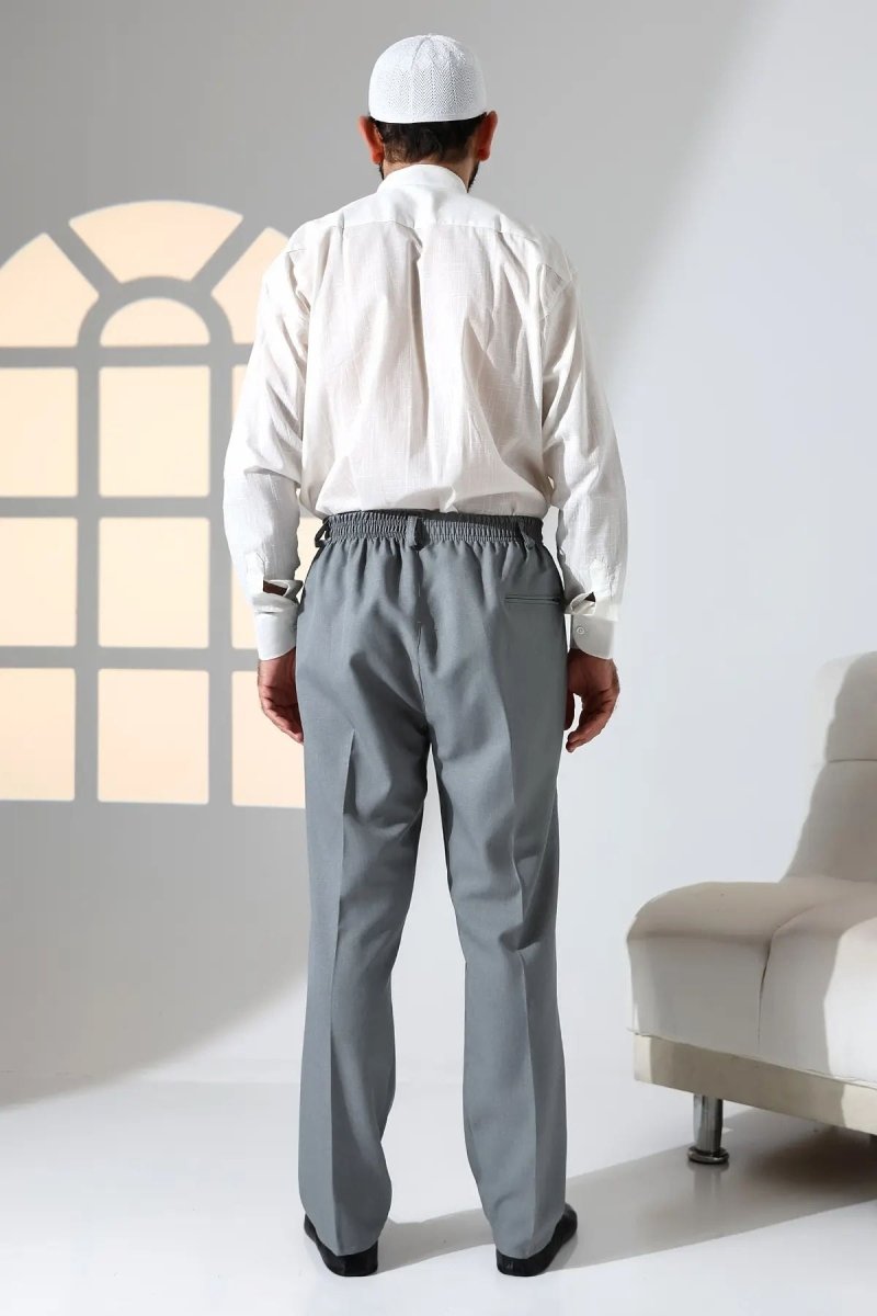 Men's Relaxed Fit Elastic Waist Pocketed Hajj and Umrah Fabric Harem Pants - Grey (ISR) - ihvan
