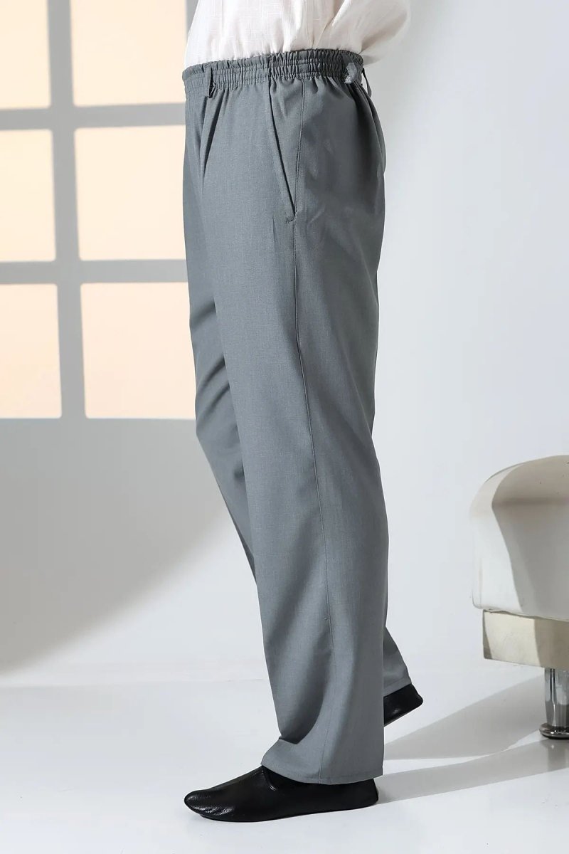 Men's Relaxed Fit Elastic Waist Pocketed Hajj and Umrah Fabric Harem Pants - Grey (ISR) - ihvan