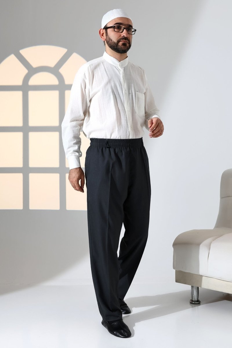 Men's Relaxed Fit Elastic Waistband Pocketed Fabric Harem Pants for Hajj and Umrah - Anthracite (ISR) - ihvan