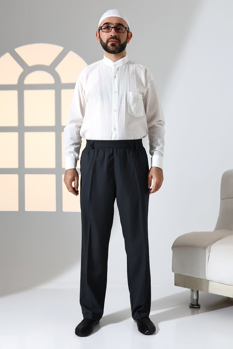 Men's Relaxed Fit Elastic Waistband Pocketed Fabric Harem Pants for Hajj and Umrah - Anthracite (ISR) - ihvan