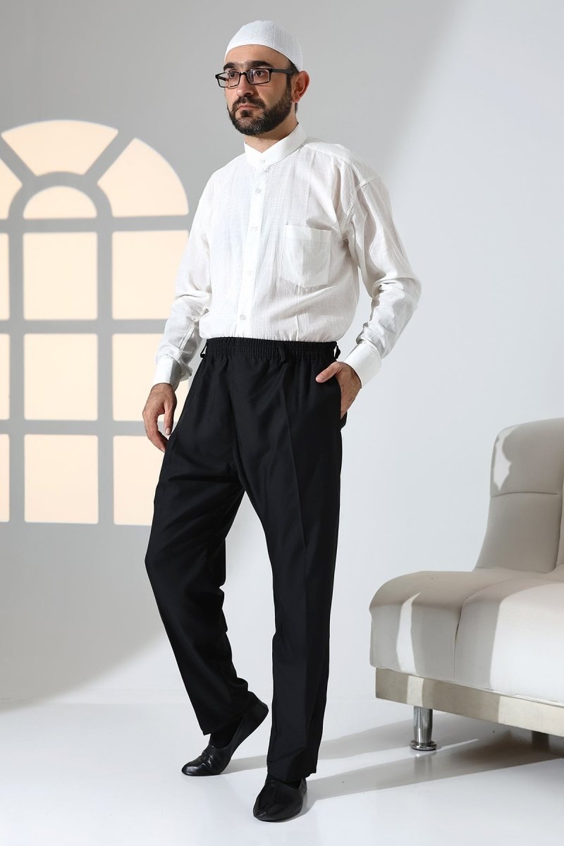 Men's Relaxed Fit Elastic Waistband Pocketed Fabric Harem Pants for Hajj and Umrah - Black (ISR) - ihvan