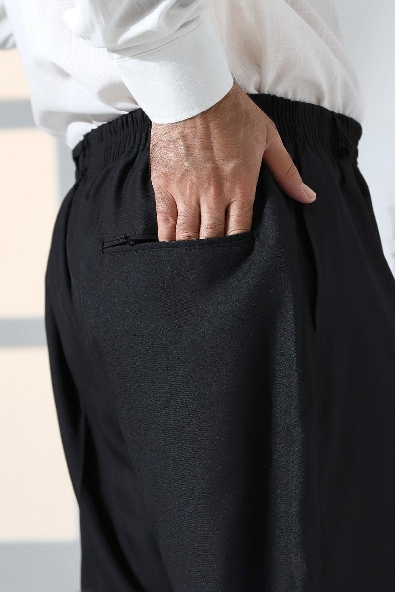 Men's Relaxed Fit Elastic Waistband Pocketed Fabric Harem Pants for Hajj and Umrah - Black (ISR) - ihvan
