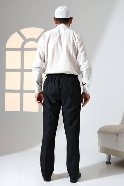Men's Relaxed Fit Elastic Waistband Pocketed Fabric Harem Pants for Hajj and Umrah - Black (ISR) - ihvan