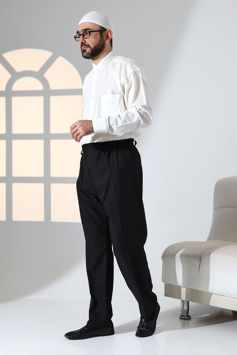 Men's Relaxed Fit Elastic Waistband Pocketed Fabric Harem Pants for Hajj and Umrah - Black (ISR) - ihvan