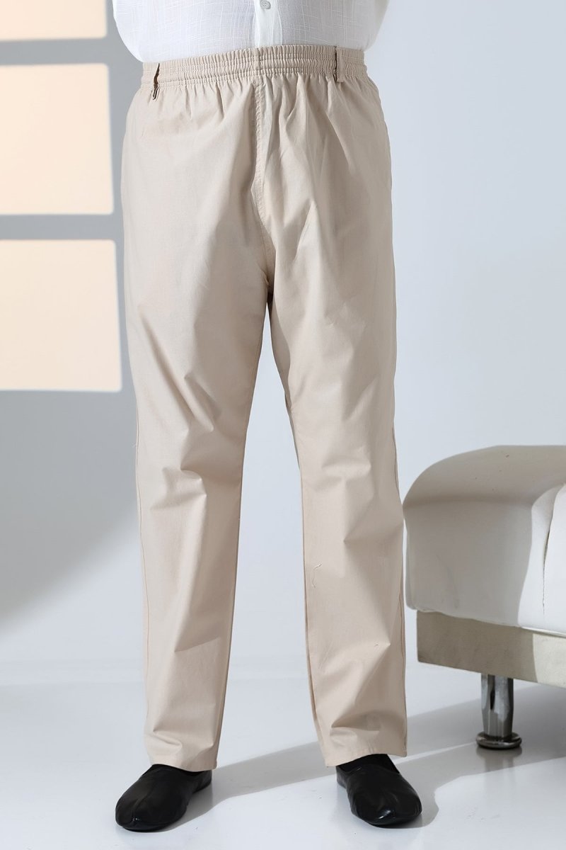Men's Relaxed Fit Linen Harem Pants with Elastic Waist and Pockets, Suitable for Hajj and Umrah - Beige (KRK) - ihvan