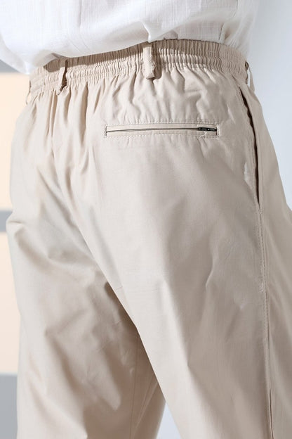 Men's Relaxed Fit Linen Harem Pants with Elastic Waist and Pockets, Suitable for Hajj and Umrah - Beige (KRK) - ihvan