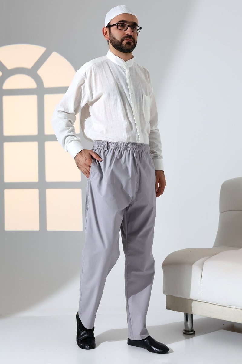 Men's Relaxed Fit Linen Harem Pants with Elastic Waist and Pockets, Suitable for Hajj and Umrah - Grey (KRK) - ihvan