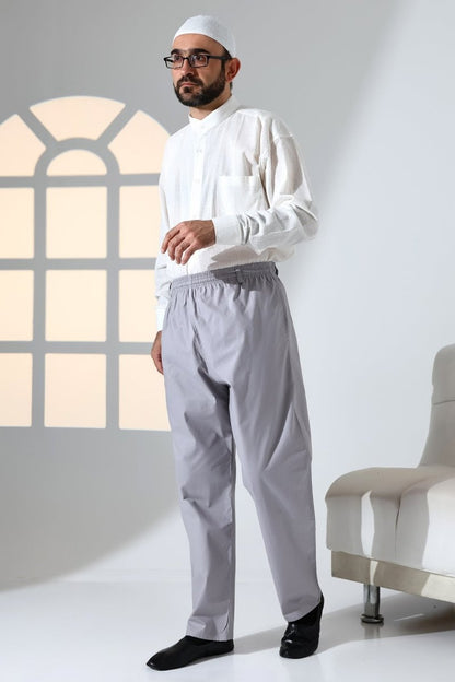 Men's Relaxed Fit Linen Harem Pants with Elastic Waist and Pockets, Suitable for Hajj and Umrah - Grey (KRK) - ihvan