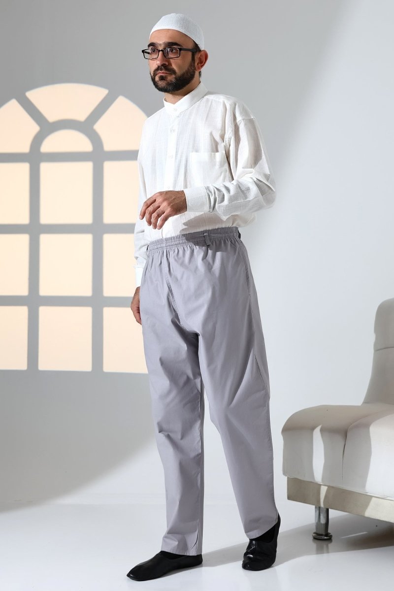 Men's Relaxed Fit Linen Harem Pants with Elastic Waist and Pockets, Suitable for Hajj and Umrah - Grey (KRK) - ihvan