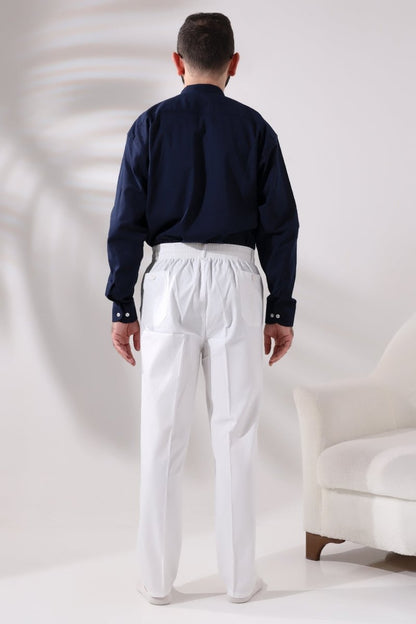 Men's White Relaxed Fit Linen Hajj and Umrah Harem Pants with Elastic Waistband - ihvan