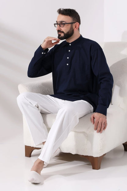 Men's White Relaxed Fit Linen Hajj and Umrah Harem Pants with Elastic Waistband - ihvan