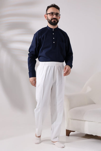 Men's White Relaxed Fit Linen Hajj and Umrah Harem Pants with Elastic Waistband - ihvan
