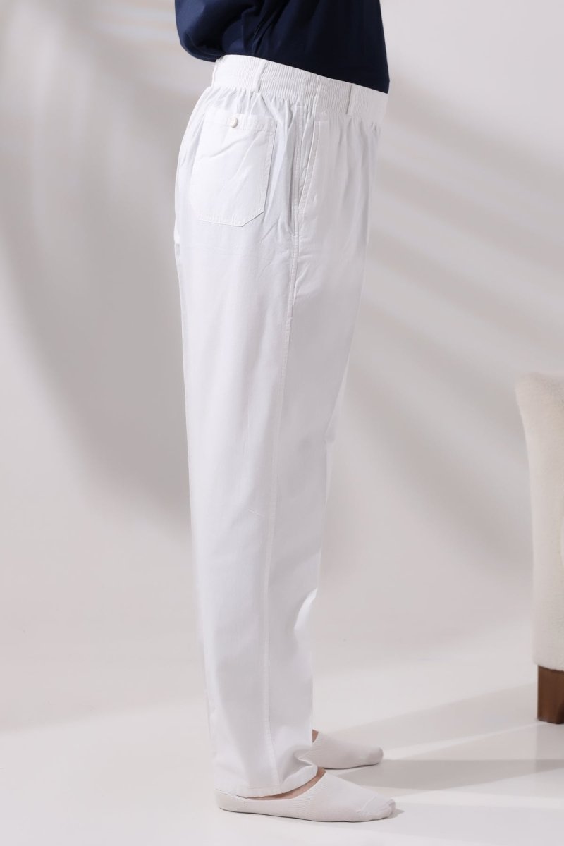 Men's White Relaxed Fit Linen Hajj and Umrah Harem Pants with Elastic Waistband - ihvan