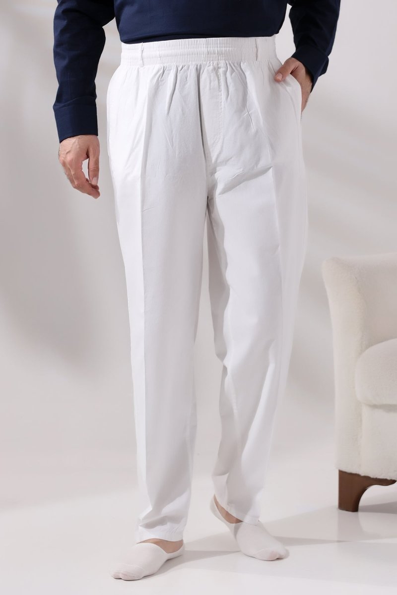 Men's White Relaxed Fit Linen Hajj and Umrah Harem Pants with Elastic Waistband - ihvan